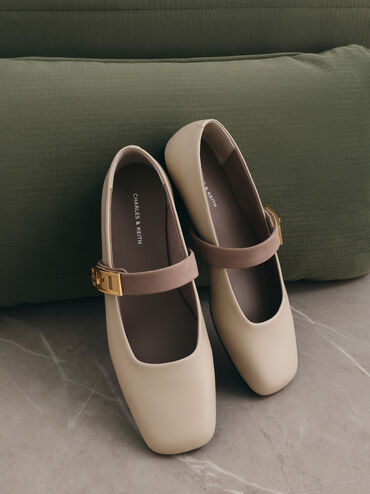 Lando Two-Tone Metallic-Buckle Mary Jane Flats, Chalk, hi-res