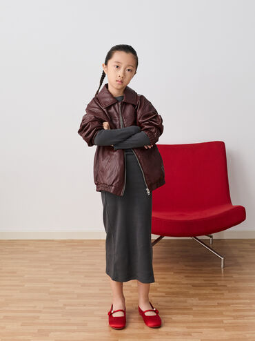 Girls' Orinda Knot-Pearl Mary Jane Flats, Red, hi-res