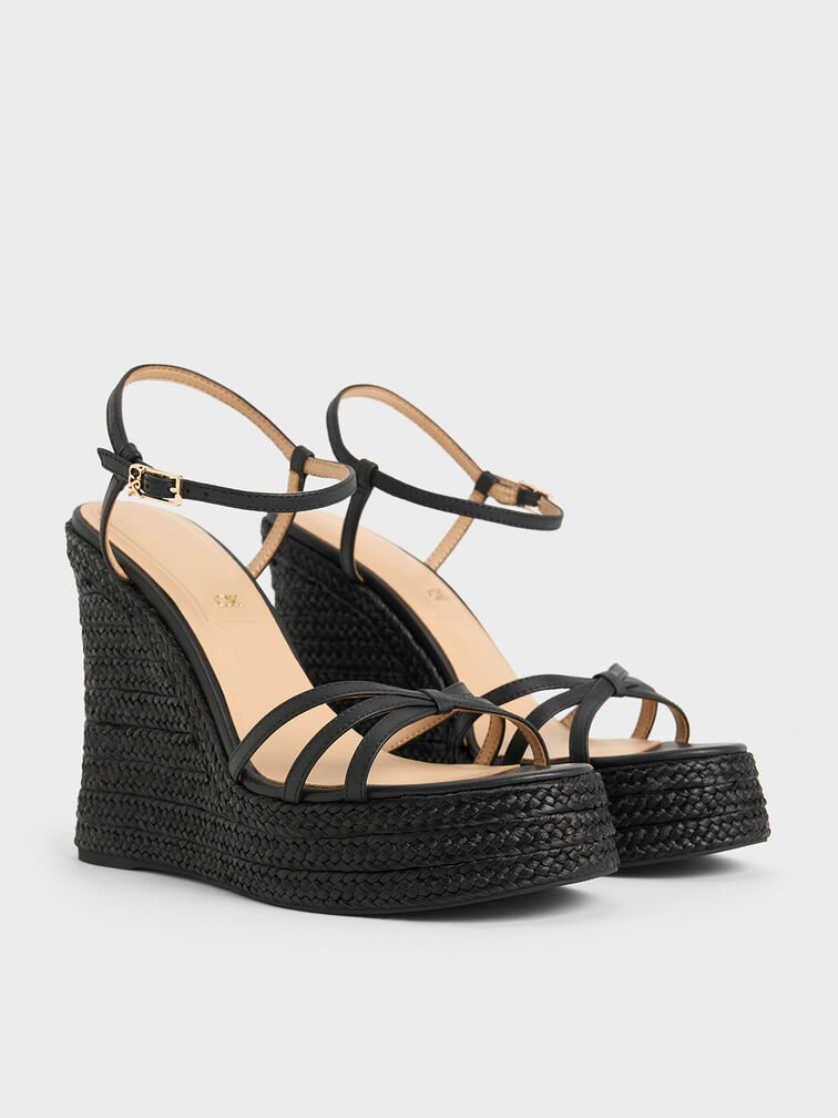 Gi&agrave;y đế xuồng hở mũi Leather Strappy Espadrille, Đen, hi-res