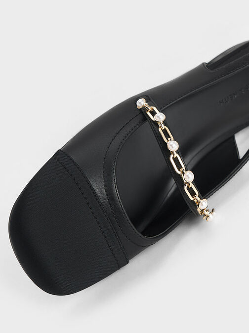 Giày búp bê mũi vuông Beaded Chain-Link Slingback, Đen, hi-res