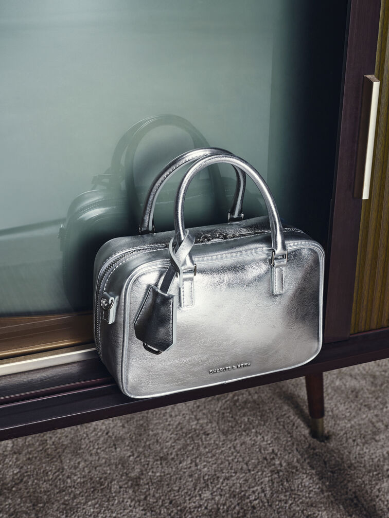 Mini Sianna Metallic Bowling Bag, Silver, hi-res