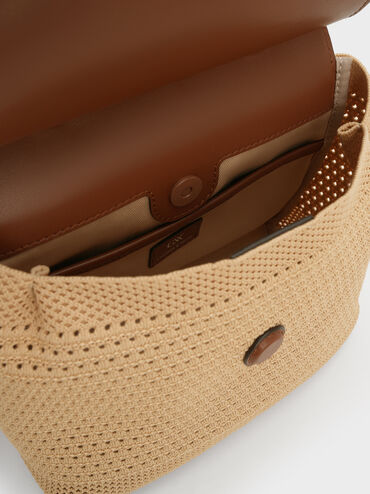 Girls' Ida Knitted Front Flap Backpack, Beige, hi-res