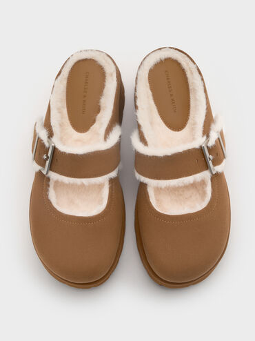Bergen Textured Fur-Trim Buckled Platform Mules, Brown, hi-res