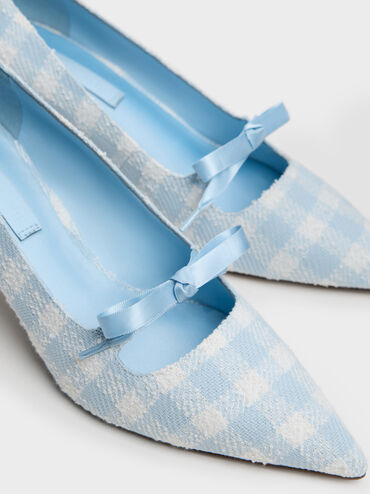 Venetia Gingham Bow Pointed Pumps, Light Blue, hi-res