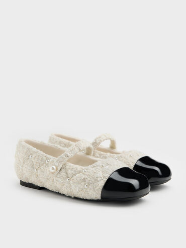 Girls' Tweed Pearl Mary Jane Flats, White, hi-res