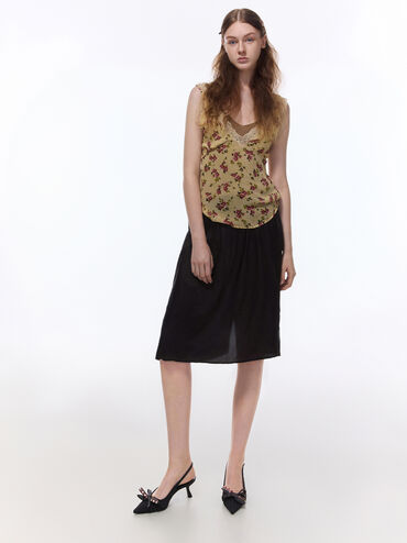 Satin Printed-Bow Pointed Slingback Pumps, Black Textured, hi-res