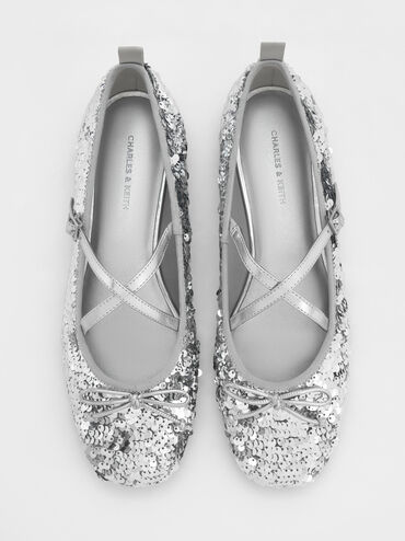 Sequinned Crossover Mary Jane Flats, Silver, hi-res