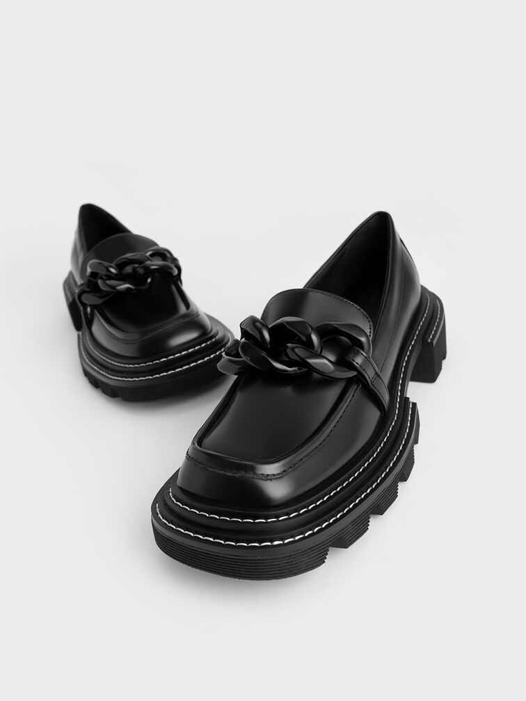 Giày loafer nữ mũi tròn Perline Chunky Chain, Đen, hi-res