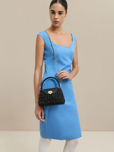 Arwen Tweed Quilted Braided-Strap Top Handle Bag, Black Tweed, hi-res