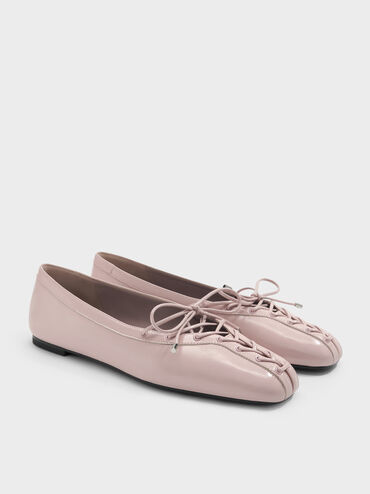 Lace-Up Bow Ballet Flats, Light Pink, hi-res