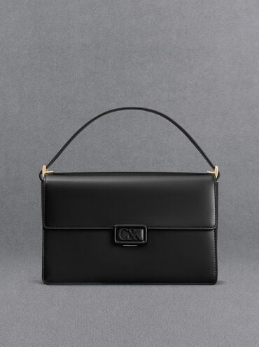Túi đeo vai phom chữ nhật Leather, Đen, hi-res