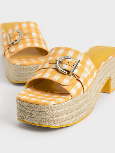 Giày sandals cao gót Buckled Linen Gingham-Print, Vàng, hi-res