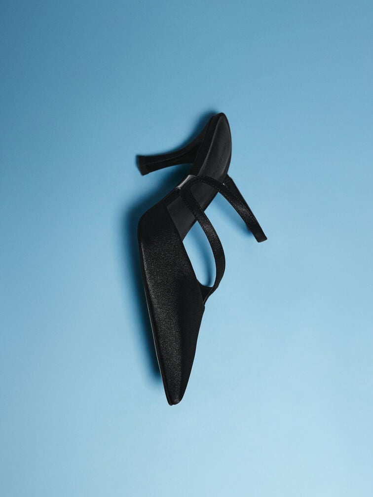 Arden Satin Pointed Wavy Heeled Mules, Black Textured, hi-res