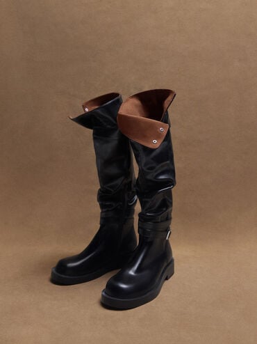 Gi&agrave;y boot cổ cao Ellis Ruched, Đen, hi-res