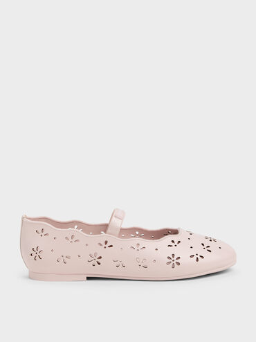 Girls' Floral Cut-Out Mary Jane Flats, Light Pink, hi-res