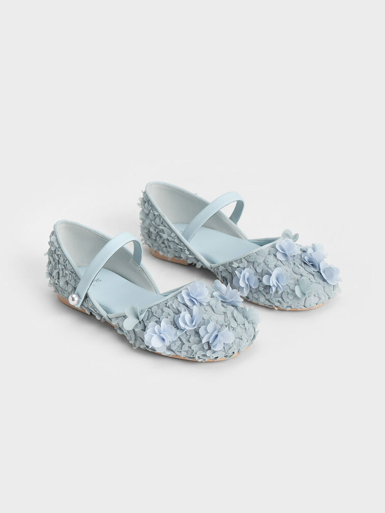 Giày búp bê trẻ em Floral Mesh D'Orsay, Xanh nhạt, hi-res
