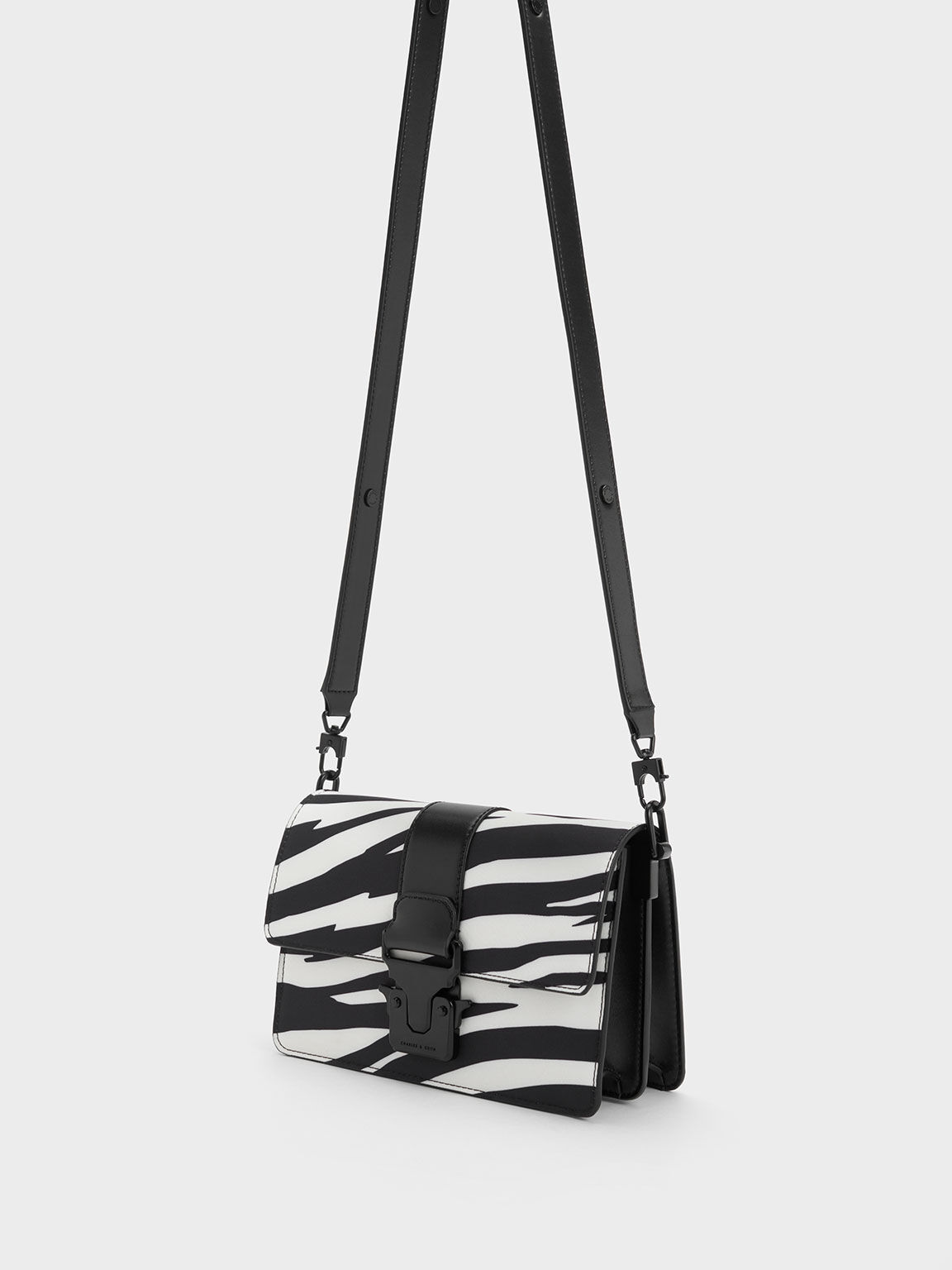 Zebra Print Push-Lock Shoulder Bag, Black, hi-res