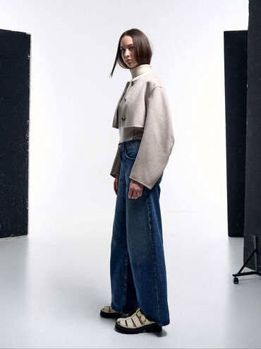 Gi&agrave;y mules mũi tr&ograve;n Interwoven Oval-Buckle, Phấn, hi-res