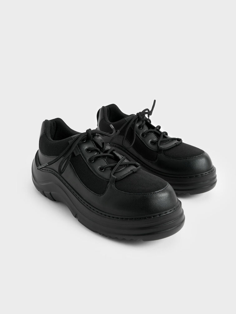 Mesh Chunky Sole Sneakers, Black, hi-res