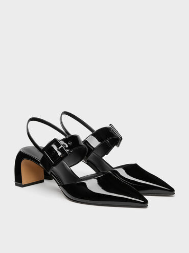 Gi&agrave;y sandals cao g&oacute;t Patent Buckled, Đen b&oacute;ng, hi-res