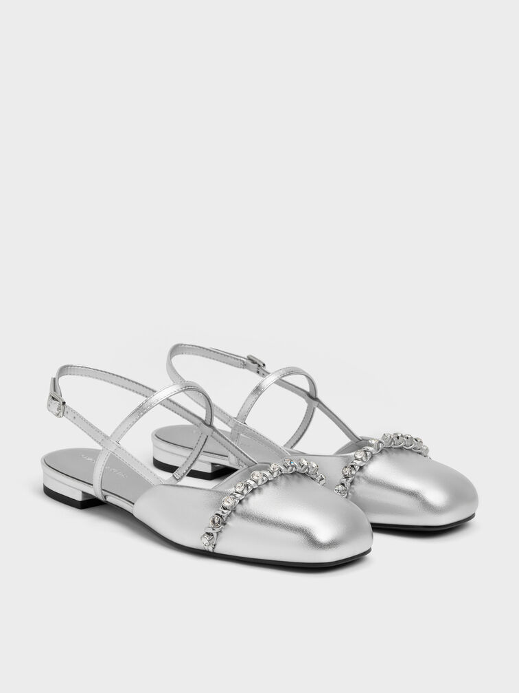 Gi&agrave;y sandals đế thấp Metallic Crystal, Bạc, hi-res