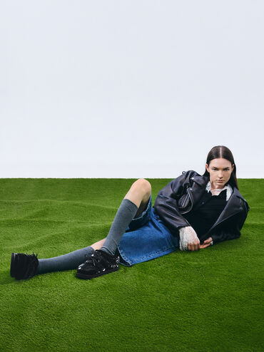 Giày mules mũi tròn Egan Nylon Puffy, Đen họa tiết, hi-res