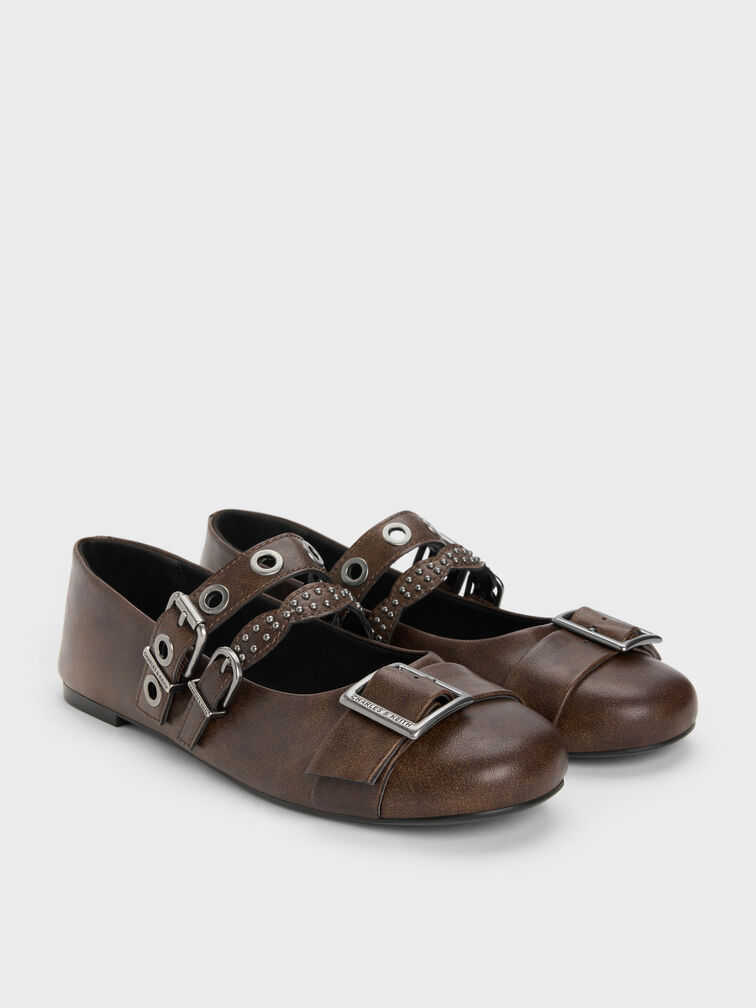Aether Grommet Studded Mary Jane Flats, Dark Brown, hi-res