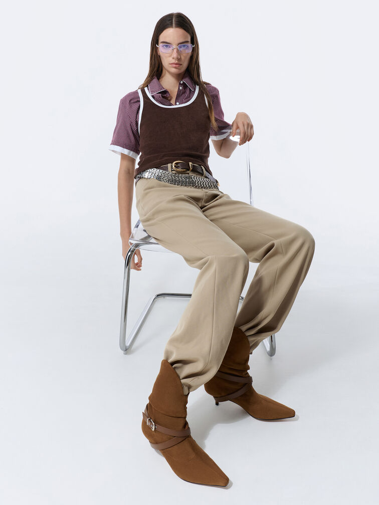 Karter Faux Suede Pointed-Toe Ruched Buckled Kitten-Heel Boots, Cognac, hi-res