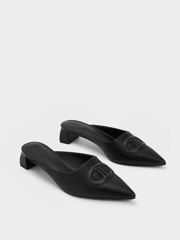 Oval Stitch-Trim Pointed-Toe Mules, Black, hi-res