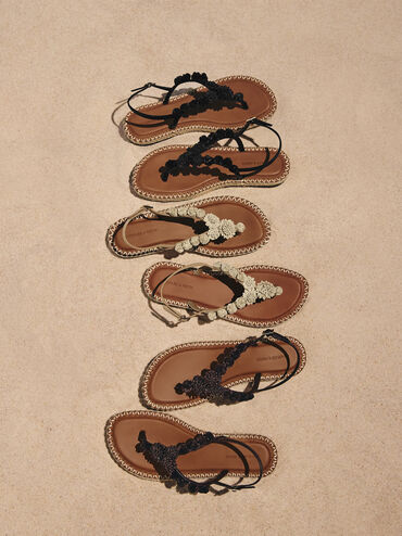 Flower Espadrille Thong Sandals, Black, hi-res