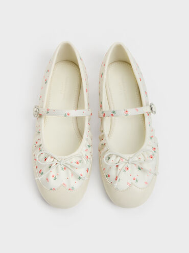 Girls' Satin Printed Bow Mary Jane Flats, Chalk, hi-res