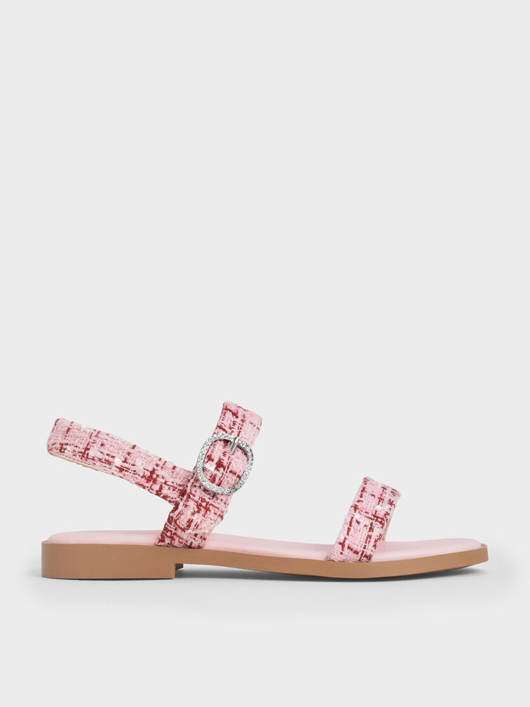 Girls' Tweed Crystal-Buckle Double-Strap Slingback Sandals, Pink, hi-res