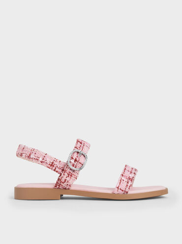 Girls' Tweed Crystal-Buckle Double-Strap Slingback Sandals, Pink, hi-res