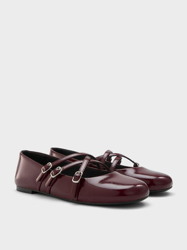 Patent Triple-Strap Crossover Mary Jane Flats, Burgundy, hi-res