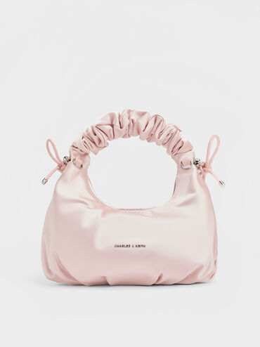 Satin Bow Ruched-Handle Bag, Baby Pink, hi-res