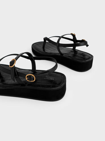 Strappy Flatform Thong Sandals, Black, hi-res