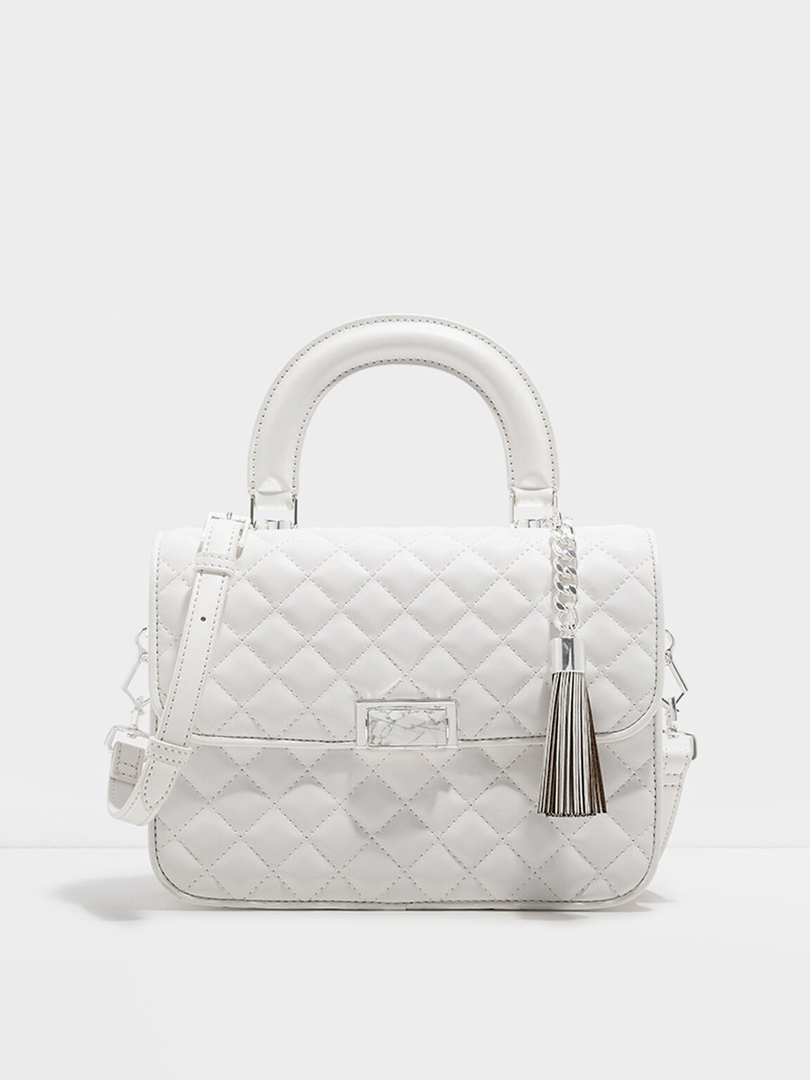 Quilted Top Handle Bag, White, hi-res