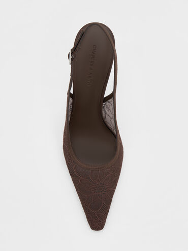 Lace & Satin Slingback Pumps, Dark Brown Textured, hi-res