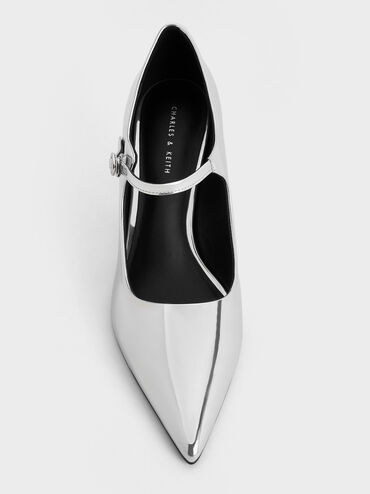 Metallic Pointed-Toe Mary Jane Pumps, Silver, hi-res