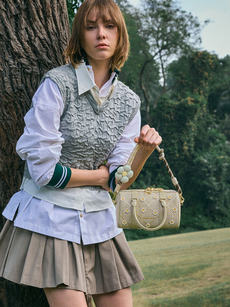 T&uacute;i đeo vai phom chữ nhật Philomena Raffia Flower, Pale Olive, hi-res