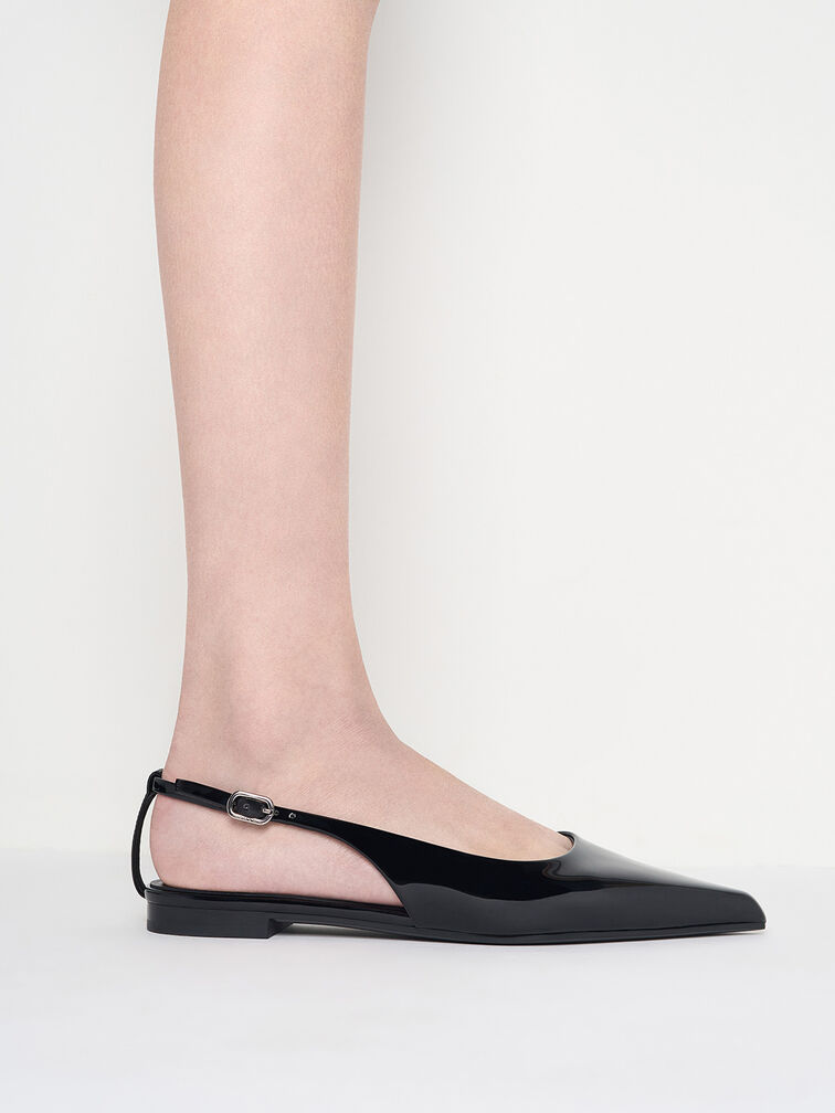 Patent Cut-Out Pointed-Toe Slingback Flats, Black Patent, hi-res