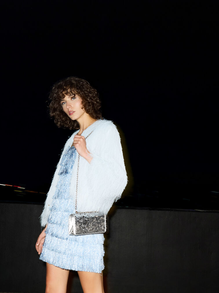 Paffuto Sequinned Wallet On Chain, Silver, hi-res