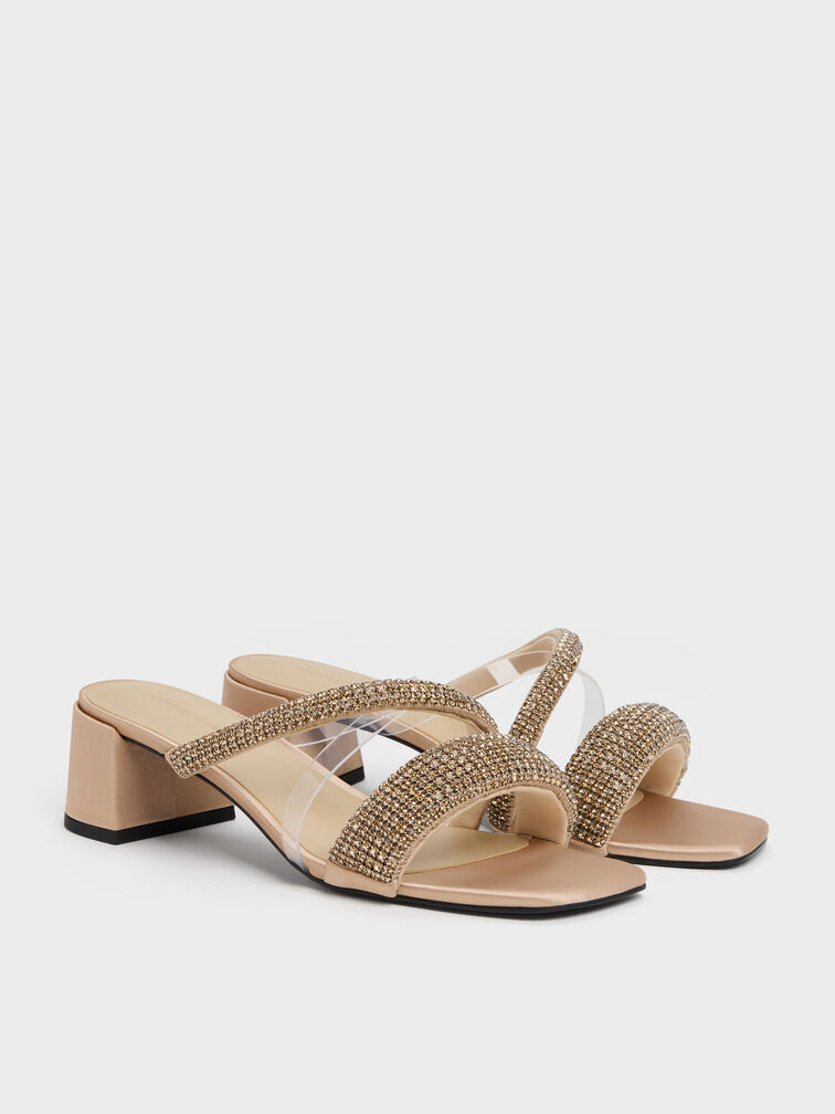 Glittered Crystal Clear-Strap Mules, Nude, hi-res