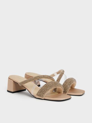 Glittered Crystal Clear-Strap Mules, Nude, hi-res