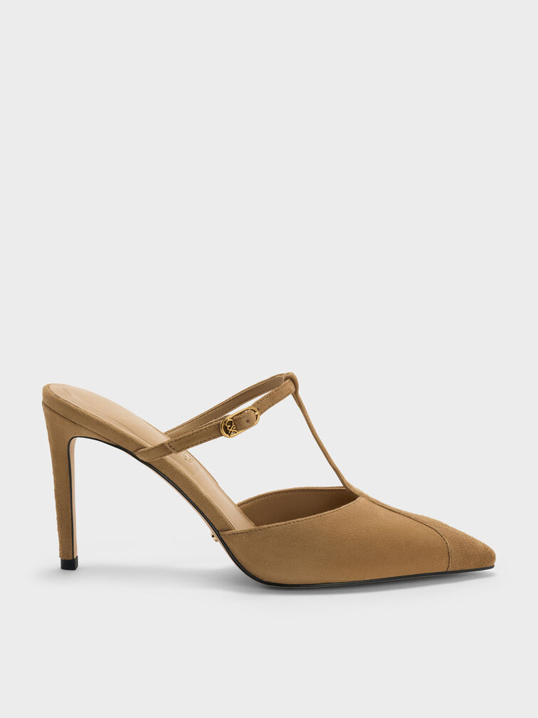Suede T-Bar Pointed Heeled Mules, Sand, hi-res