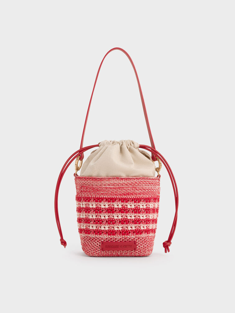 Girls' Ida Knitted Gingham Bucket Bag, Gingham Red, hi-res