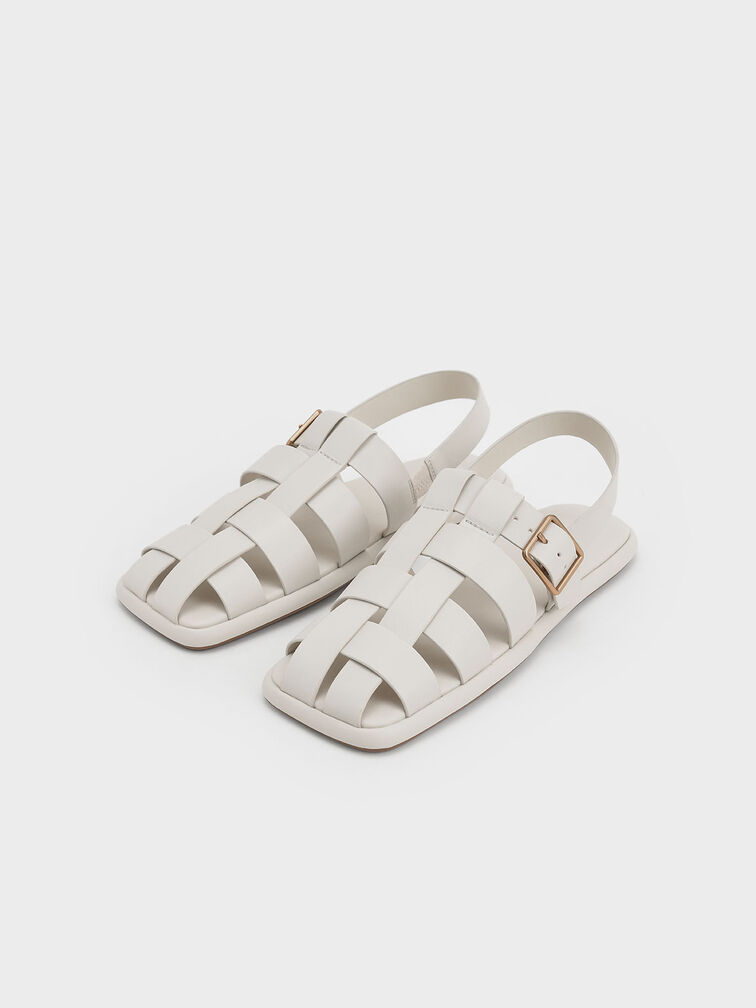 Giày sandals mũi vuông Metallic Buckle Caged Slingback, Phấn, hi-res