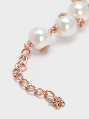 Flower-Embellished Pearl Bracelet, Rose Gold, hi-res