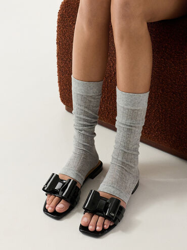 Lu Patent Leather Bow Slide Sandals, Black Patent, hi-res