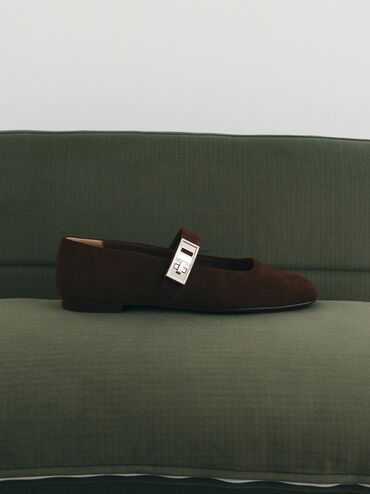 Lando Faux Suede Metallic-Buckle Mary Jane Flats, Dark Brown Textured, hi-res